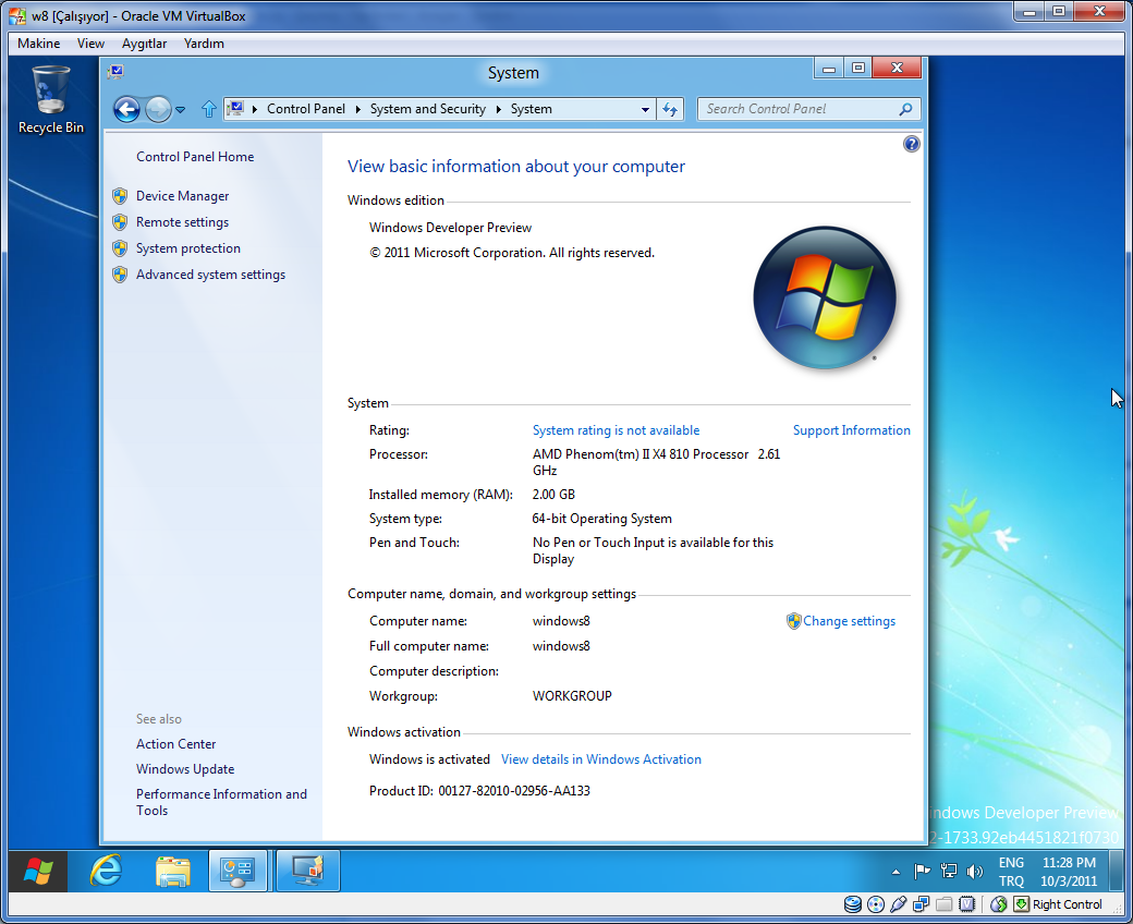 use Control Panel to activate Windows 8